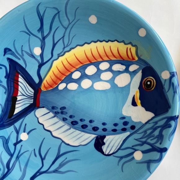 Tropical Plate La Dolce Vita Big Fish Collection Blue and Yellow Tea Lunch 8" - Picture 3 of 5